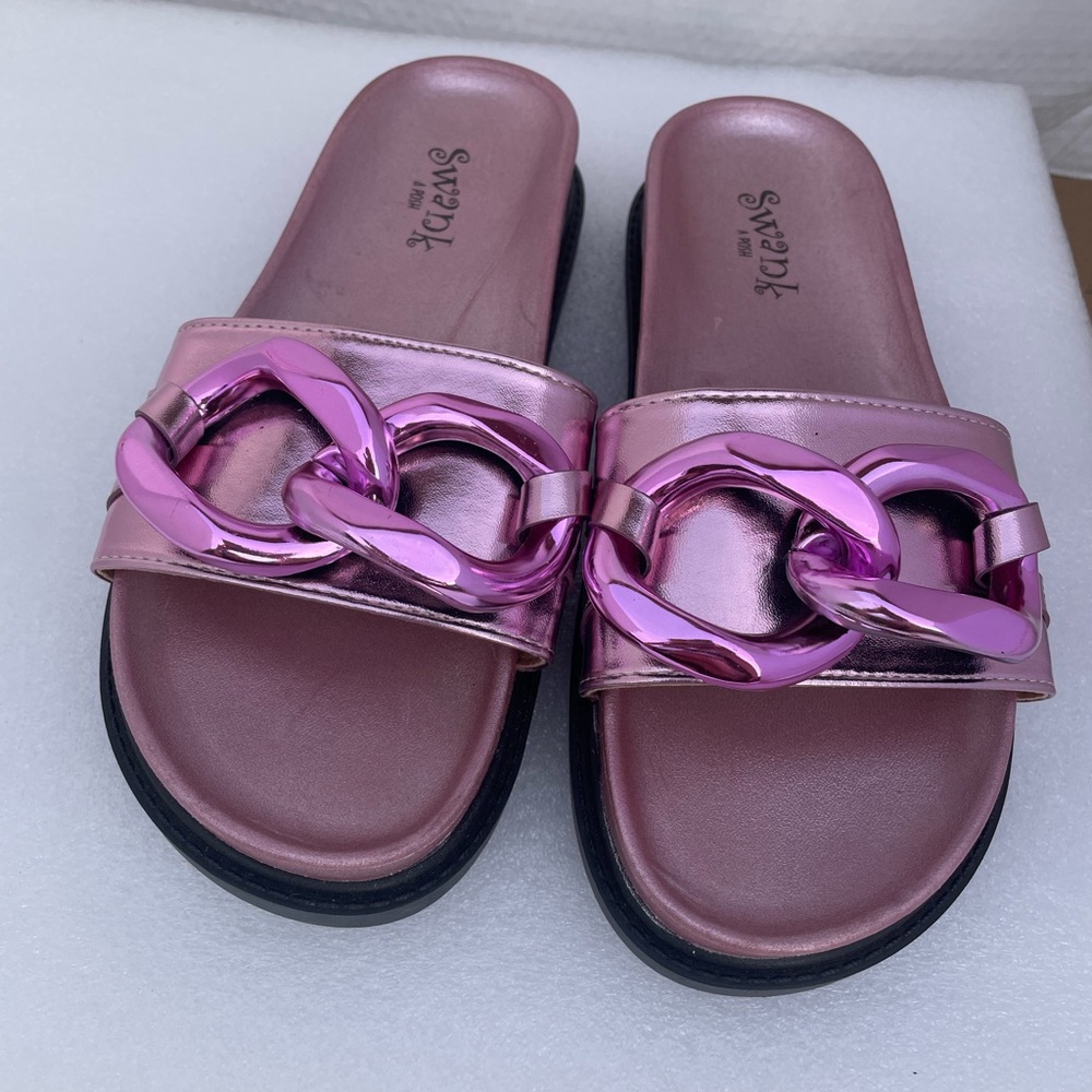 Metallic Pink Chain-Accent Slide Sandals for Women